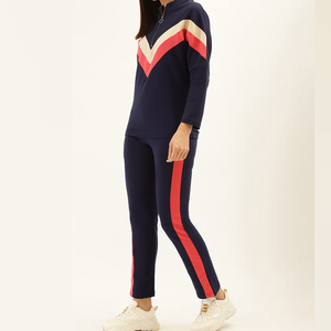 Unisex Navy Color Blocking Tracksuit Set <b>Red</b> Side Stripes Half-Zip Top Ankle-Length Pants Breathable Viscose/Polyester Quick Dry - Product Image 2