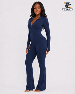 TWIN CITY Women Long Sleeve <b>Zip</b> <b>Up</b> Jumpsuit High Waist Full Length Solid Color Stretchy <b>Polo</b> Collar Modern Jumpsuit - Product Image 4