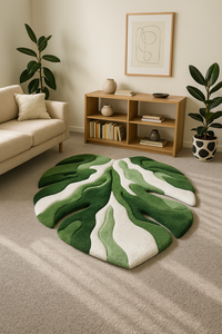 Tapis de luxe de qualité supérieure, vert et blanc, forme irrégulière, en laine douce, motif feuille, pour la décoration de bureau - Product Image 2