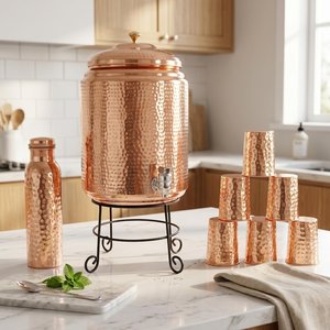 Distributeur d'eau en cuivre pur avec support métallique, récipient de stockage artisanal, conteneur de boissons traditionnel en cuivre pour la consommation quotidienne - Product Image 5