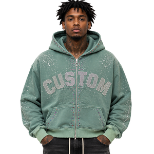 Sudadera con capucha personalizada para hombre con cremallera, estilo vintage lavado, corte oversize, con pedrería y gráficos universitarios, de felpa francesa, estilo streetwear, de fábrica - Product Image 1