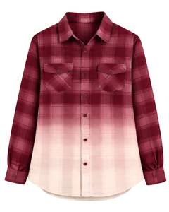 Camisa de Franela a Cuadros Ombre Personalizada para Mujer, Manga Larga, Cierre de Botones, Estilo Casual, con Dos Bolsillos en el Pecho, Blusa de Invierno - Product Image 1