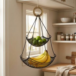 Hamaca de Alambre de Hierro Negra Hecha a Mano con Acabado de Latón Antiguo de 26 cm, Cesta de Dos Niveles para Frutas, Decoración del Hogar, Hoteles y Bodas - Product Image 2