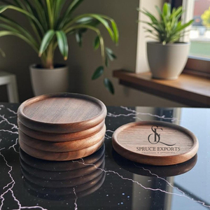 Premium Round Shape <b>Walnut</b> Wooden Coasters Set. Handcrafted Grooved Rim Cup Mats For <b>Coffee</b> Mugs & <b>Table</b> Protection - Product Image 1
