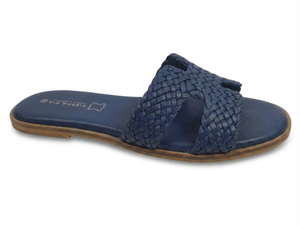 Dlords Margot Women's Blue Woven Cow Leather Flat Sandals Open Toe Slip-On Summer Fashion Trend Breathable EVA Midsole Air - Product Image 1