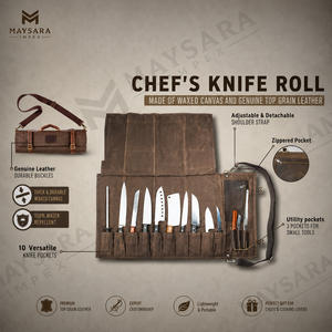 Maysara 13 Pocket Chef Knife <b>Roll</b> <b>Bag</b> Waxed Canvas & Genuine Leather Knife Carrier for Chef Travel Friendly Culinary <b>Tool</b> <b>Bag</b> - Product Image 2