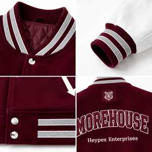 Chaqueta Varsity Personalizada OEM de Lana Reciclada de Alto Gramaje con Mangas de Cuero Genuino de Vaca para Hombre, Estilo Universitario Urbano Relajado - Product Image 4