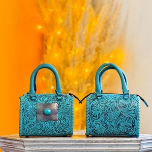 2026 New Arrival Sky Blue Hand Tooled Florals Carved Turquoise Single Stone <b>Studded</b> 100% Genuine Leather Mini Speedy Duffle <b>Bags</b> - Product Image 4