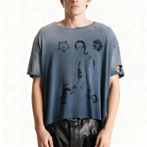 Camisetas de Hombre al por Mayor del Fabricante, Nuevas, Corte Cuadrado, Personalizadas, 250GSM, Cortadas, Desgastadas, Estampadas, Lavadas con Ácido - Product Image 1