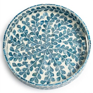 Unique Round Rattan Serving Tray With Mother Of Pearl Inlay Decorative <b>Wicker</b> <b>Coffee</b> <b>Table</b> Tray Natural Material Ottoman Platter - Product Image 2