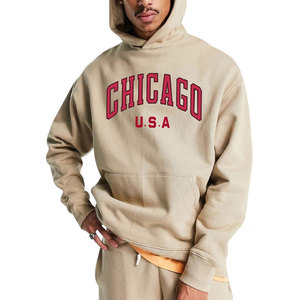 Felpa con Cappuccio Oversize da Uomo in Cotone Felpato Beige con Stampa Chicago U.<span class=keywords><strong>S</strong></span>.A, Abbigliamento Casual Autunnale - Product Image 1