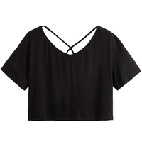 T-shirt court noir pour femme à manches courtes, dos croisé évidé, coupe décontractée ample, tricoté, couleur unie, printemps-été