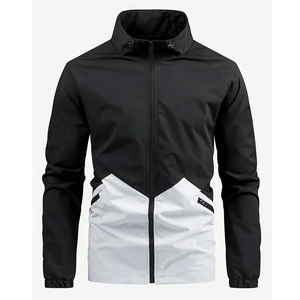<b>Men's</b> Windproof Rain <b>Jacket</b> Black <b>White</b> Color Blocking Stand Collar Zipper Closure Polyester Autumn Wear - Product Image 1
