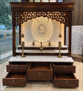 Marble Look Om Design Teak Wood <b>Mandir</b> for Home Modern Design Customized Size Pooja Room Cabinet Dark Polish Temple with 3 Steps - Product Image 5
