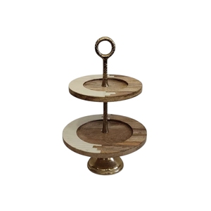 2 Tier <b>Wooden</b> Cake <b>Stand</b> Oval Tiered Dessert <b>Stand</b> Gold Hammered Metal Handle <b>Cupcake</b> <b>Display</b> Server <b>Stand</b> - Product Image 4