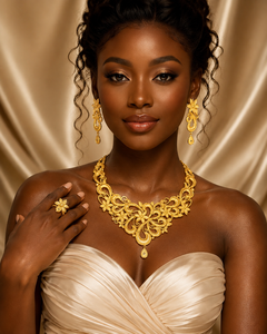 Luxury Floral 24K Gold Plated Ethiopian Bridal Jewelry Set for Women Statement Necklace, Earrings & Ring - Product Image 3