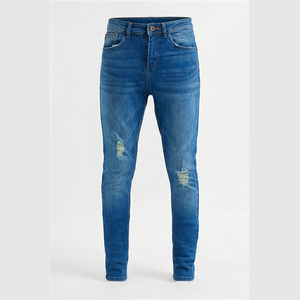 Jean en denim déchiré et délavé pour homme, coupe slim, taille haute, jambe droite, en coton, style décontracté bleu automne - Product Image 5