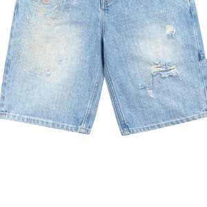 Men’s Light Blue Distressed Denim Shorts Paint Splatter Ripped Loose Fit Knee Length Baggy Jean Shorts Casual Streetwear - Product Image 3
