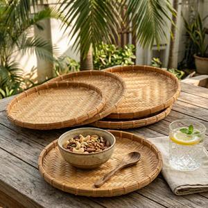 Handwoven Bamboo Basket Set Boho Farmhouse Decor Round Serving Tray Dining <b>Table</b> Bamboo Tray Eco Friendly Supplier - Product Image 1
