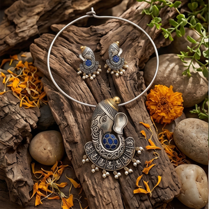 DIVYORO Women's Royal Blue Embellished Ganesha Pendant Oxidized <b>Long</b> Adjustable Length <b>Necklace</b> and Earrings Set - Product Image 3