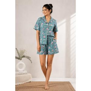 Ensemble de pyjama personnalisable en coton imprimé au bloc Lavinas pour femme, fait main en Inde, ensemble de détente à manches courtes, vêtements de nuit doux pour l'été, séchage rapide - Product Image 1