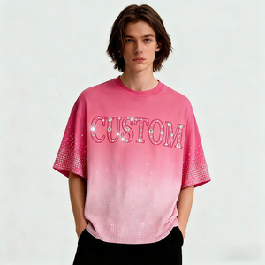 T-shirt unisexe personnalisé à strass, col rond, effet délavé, épaules tombantes, motif diamant, coupe oversize épaisse pour homme - Product Image 2