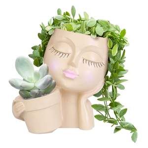 Pot de fleurs en résine à double ouverture en forme de tête de femme pour filles, pour plantes d'intérieur et d'extérieur, fleurs et succulentes, avec trou de drainage pour une meilleure croissance - Product Image 1