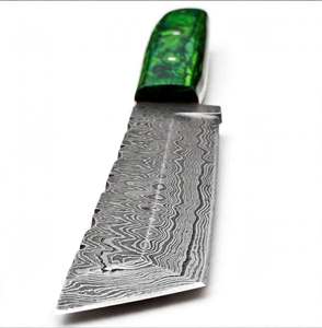 Cuchillo Tanto Utilitario de Acero de Damasco Hecho a Mano con Mango de Resina Verde, Hoja Fija, Herramienta de Campo y Artesanía - Product Image 4