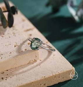 Bague de fiançailles classique à pierre unique en agate mousse de coupe ovale en argent sterling, bague en agate mousse naturelle, bague en agate mousse véritable - Product Image 2