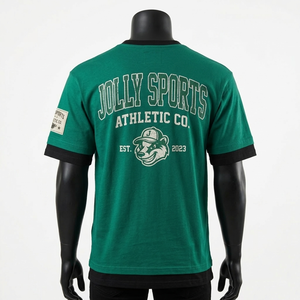 เสื้อยืดคอตตอนระบายอากาศได้ดี 220 GSM สีเขียว แต่งลายปักแบบซ้อนทับ พิมพ์โลโก้ตามสั่ง เสื้อยืดแขนสองชั้นสำหรับผู้ชาย - Product Image 2