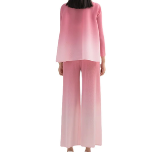 Pink Pleated Pants Suit Two Piece Women <b>Knit</b> <b>Set</b> O-Neck Long Sleeve Blazer and Trousers Casual Wear - Product Image 2