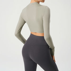 Veste de yoga pour femme, couleur unie, manches longues, effet seconde peau, pour le sport et l'extérieur, vente en gros - Product Image 6