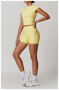 Yellow Seamless Crop Top High Waist Full Length <b>Leggings</b> 2 Piece Yoga Set Crew Neck Short Sleeve Activewear - Product Image 6