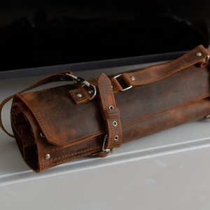 Leather Handmade Knife Roll Chefs Roll For Chef's Storage Tool Roll Knife Bag Adjustable Shoulder Strap