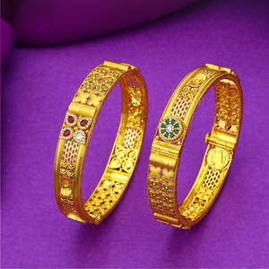 Bracelets en or traditionnels élégants avec motifs floraux complexes et accents de pierres précieuses, parfaits pour les mariages et les occasions festives. - Product Image 1
