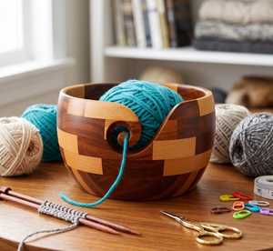 Cuenco de madera pulido hecho a mano, ecológico, con diseño de resina azul craquelada, estilo clásico, para almacenamiento de hilo, ganchillo y manualidades en el hogar. - Product Image 2