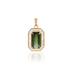 Elegant New Style 13x7mm Baguette Cut Green Tourmaline & Diamond Halo <b>Pendant</b> Customized <b>Solid</b> K14 Yellow <b>Gold</b> Jewelry Supplier - Product Image 1