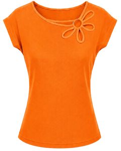Manufacturer Orange Women Casual Summer Blouse Elegant Flower Neck Design Short Sleeve Loose Fit Fashion Daily Wear <b>Top</b> Shirt - Product Image 1