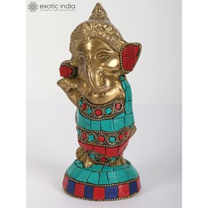 5 Inches Handmade Small Brass Ganesha <b>Statue</b> with Intricate Inlay Work Baby Sculpture for Home Decor and Temple Made In India - Product Image 4