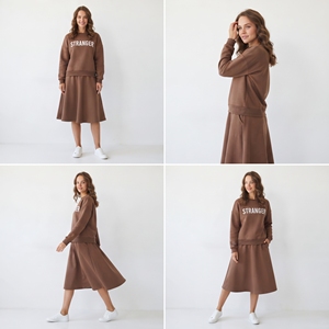 Women Long Sleeve Creww Neck Sweatshirt <b>Skirts</b> SeT 100% Cotton Mid <b>Elastic</b> <b>Waist</b> Breathable Baggy Sweatshirt Fleece <b>Skirts</b> Set - Product Image 5