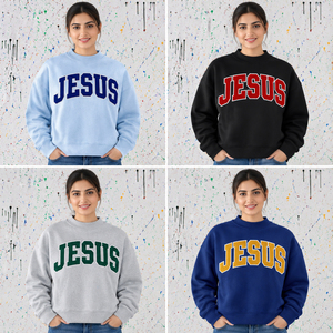 Suéter de cuello alto azul con estampado de letras de Jesús, personalizado, estilo griego, para fraternidad, 100% algodón, para uso en el campus universitario, de marca privada, tejido. - Product Image 5