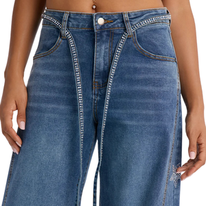 Vaqueros anchos de mezclilla lavada para mujer, transpirables, de cintura media, con estrellas de diamantes de imitación, estilo casual y urbano, pantalones de largo completo - Product Image 3