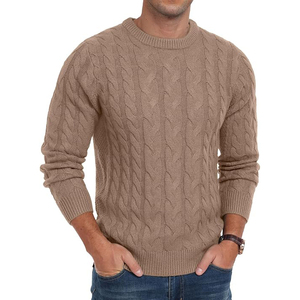 Mens Khaki Brown Cotton <b>Cable</b> <b>Knit</b> Pullover <b>Sweater</b> Winter Standard Warm Crewneck Jumper Front Logo - Product Image 5