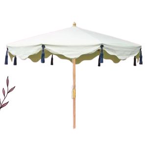 Sombrilla de jardín al aire libre hecha a mano decoración UV 50 + lona de algodón piscina Patio lateral sombrilla de madera con cenefa festoneada - Product Image 1