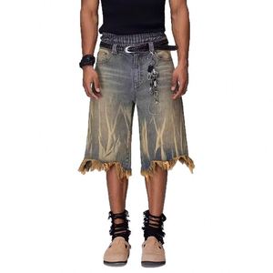 <b>Mens</b> Vintage Grunge Denim Jorts Medium Blue Yellow Mud Dyed Overdyed Baggy Oversized Fit Frayed Raw Hem Streetwear Apparel - Product Image 1