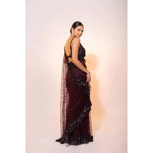 Sari de soirée de créateur avec des sequins et des broderies pour les tenues de club - Product Image 5