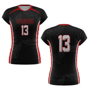 Camiseta de Voleibol Personalizada para Mujer, Negra y Roja, Manga Corta, Sublimada, Uniforme de Equipo, Transpirable, de Secado Rápido - Product Image 1