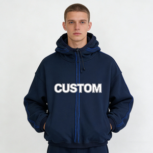 เสื้อฮู้ดดี้สีน้ำเงินกรมท่าขนาดใหญ่ ซิปหน้า แต่งตะเข็บสีน้ำเงิน พิมพ์ลายตัวอักษรตามสั่ง เสื้อผ้าลำลองผู้ชาย สตรีทแวร์ สวมใส่สบาย - Product Image 2