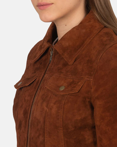 Veste en daim marron de qualité supérieure pour femmes, style trucker, manches longues, fermeture éclair, col rabattu, style automne, longueur normale - Product Image 4