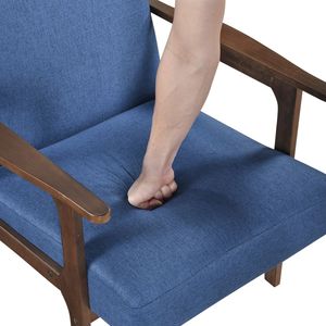 Poltrona Moderna Contemporanea in Tessuto Blu con Finitura Marrone in Legno di Gomma Massiccio e Seduta Imbottita per Soggiorno - Product Image 5